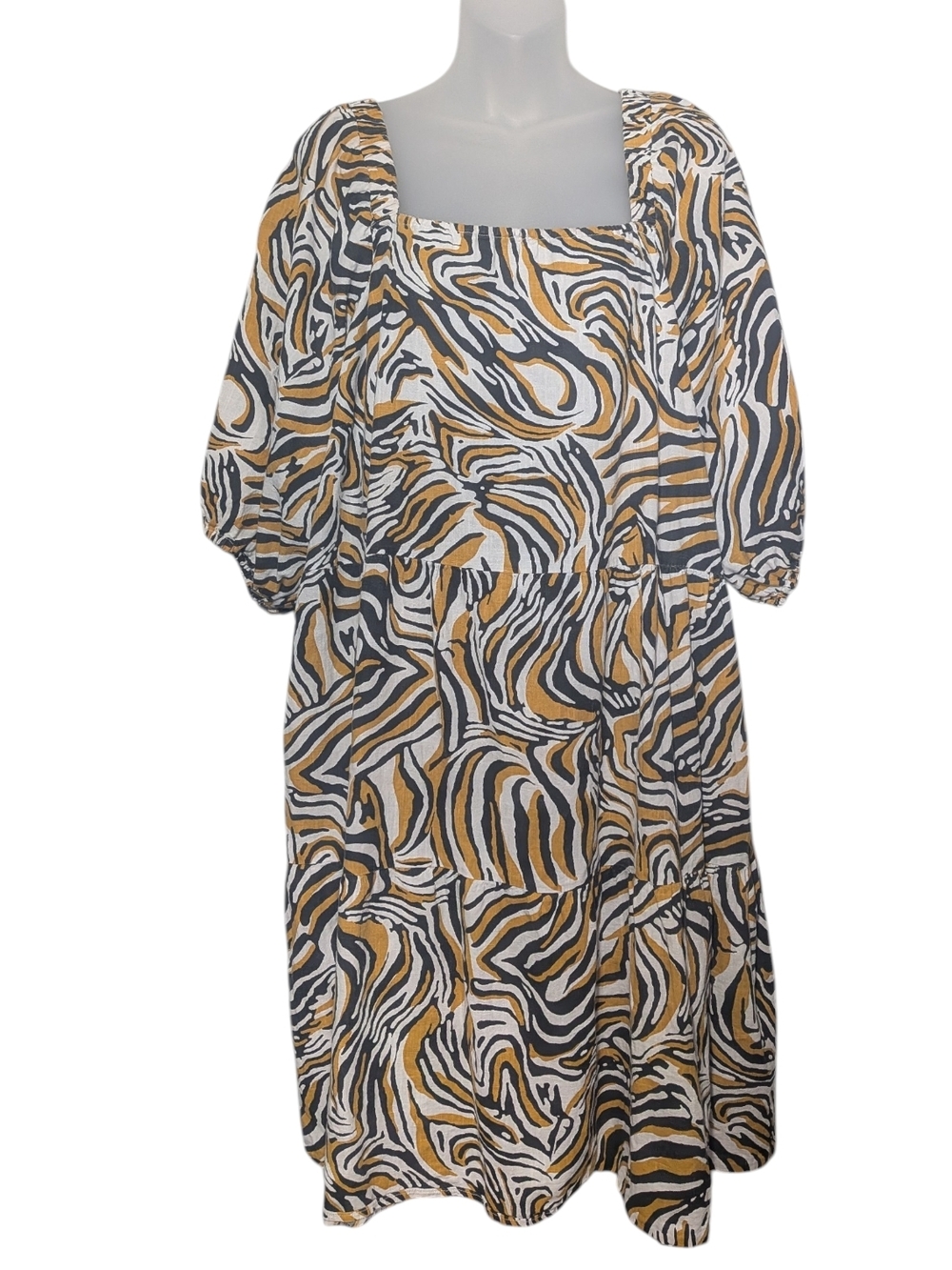Square-Neck Tiered 3XL Midi Dress Art To Wear Abstract Smocked Back Cotton Boho
